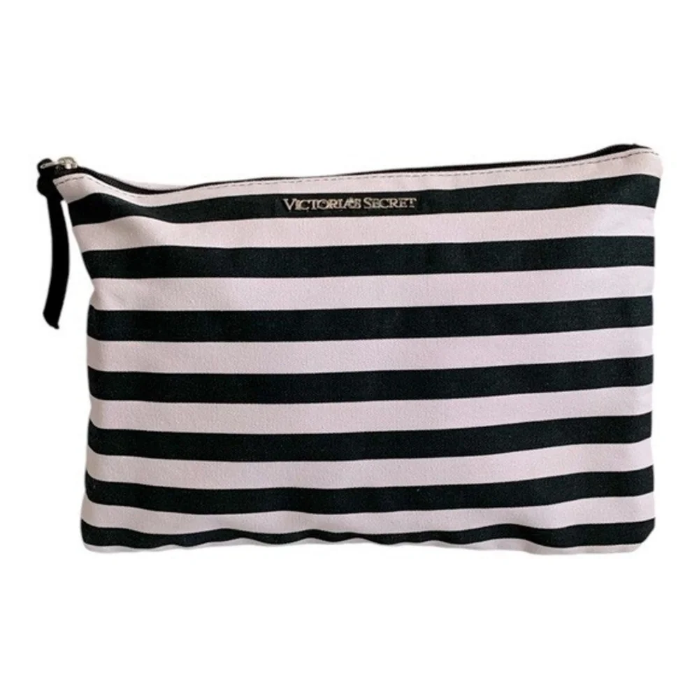Victoria’s Secret Striped Canvas Duffel Tote Bag Black White Pink NWT